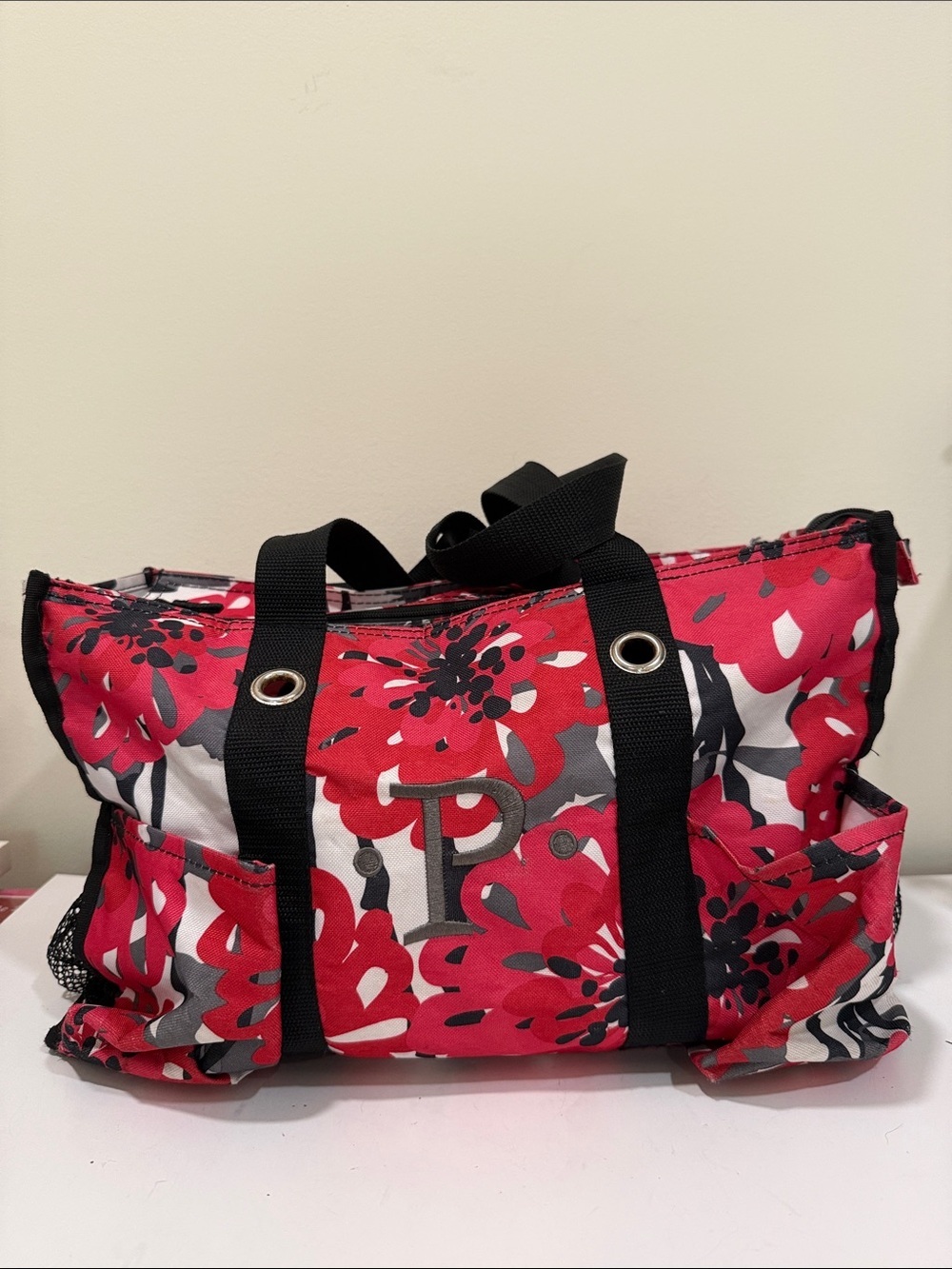 Thirty-one Red Floral Tote with Black Straps and 'P' Monogram